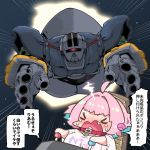  &gt;o&lt; 1girl ahoge bangs blue_hair chibi closed_eyes clothes_writing collar crossover crying eyebrows_visible_through_hair fang gundam haro heart idolmaster idolmaster_cinderella_girls mecha mobile_suit_gundam motion_blur multicolored_hair open_mouth outstretched_arms pink_hair seat shiny shiny_hair short_hair short_sleeves space speed_lines takato_kurosuke upper_body v-shaped_eyebrows wide_sleeves yumemi_riamu zeong 