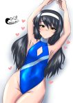  1girl armpits arms_up artist_logo bangs black_hair blue_swimsuit breasts casual_one-piece_swimsuit cleavage commentary_request covered_navel cowboy_shot flat_chest girls_und_panzer guero_nuko hairband highres long_hair one-piece_swimsuit reizei_mako solo swimsuit turtleneck white_hairband yellow_eyes 