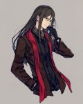  1boy absurdres black_clothes black_gloves black_hair black_jacket black_shirt business_suit cigar fate/grand_order fate_(series) formal gloves highres hood jacket kusano_shinta long_hair long_sleeves looking_to_the_side lord_el-melloi_ii lord_el-melloi_ii_case_files male_focus necktie neckwear red_neckwear shirt simple_background smoking solo suit upper_body waver_velvet 
