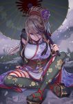  1girl bangs black_legwear blonde_hair breasts cape closed_mouth hair_between_eyes hair_ornament high_heels highres holding holding_umbrella japanese_clothes kimono large_breasts looking_at_viewer setsuka short_kimono sidelocks sitting soulcalibur umbrella white_kimono yagi2013 