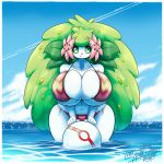  1:1 anthro belly big_breasts bikini bikini_bottom bikini_top breasts clothed clothing cloud detailed_background female flower green_eyes hair hi_res huge_breasts land_forme_shaymin latiar legendary_pok&eacute;mon looking_at_viewer mammal nintendo plant pok&eacute;ball pok&eacute;mon pok&eacute;mon_(species) pok&eacute;morph premier_ball shaymin signature sky slightly_chubby small_head solo swimwear thick_thighs video_games water white_body wide_hips 