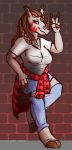  2020 anthro big_breasts biped breasts clothed clothing digital_media_(artwork) female grumpy_griffin_creations hair hi_res looking_at_viewer mammal peace_sign_(disambiguation) rhinocerotoid simple_background smile solo standing 