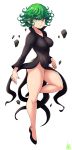  1girl :o absurdres artist_name black_dress black_footwear breasts covered_nipples dress eyebrows eyebrows_behind_hair floating green_eyes green_hair hair_raising highres jmg leg_lift medium_breasts medium_hair no_panties one-punch_man rock shoes signature tatsumaki thighs 