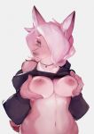  2020 anthro areola breasts canid canine canis coyote einshelm female fur hair hi_res looking_at_viewer mammal multicolored_body multicolored_fur nipples pink_body pink_fur pink_hair simple_background solo tongue tongue_out two_tone_body two_tone_fur white_background 