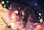  belt black_hair bracelet closed_eyes dress estellise_sidos_heurassein flower gloves highres jewelry leaning_over long_hair open_mouth pink_hair purple_eyes scabbard sheath short_hair starry_background tales_of_(series) tales_of_vesperia tsubsa_syaoin weapon yuri_lowell 