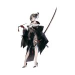  1girl bare_legs black_footwear black_kimono brown_eyes character_request dagger full_body gloves grey_hair hair_bun hair_over_one_eye high_heels highres holding holding_sword holding_weapon japanese_clothes katana kimono leg_tattoo mole mole_under_eye nier_(series) nier_reincarnation obi official_art ootachi pale_skin pipe red_gloves reverse_grip sash shoulder_tattoo side_slit solo stiletto_heels sword tattoo updo weapon wide_sleeves yoshida_akihiko 