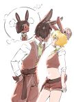 1boy 1girl animal_ears arm_up blonde_hair blush breasts brit_(d-rex) brown_shorts brown_vest bunny_boy bunny_ears bunny_girl bunny_ornament bunny_tail commentary cowboy_shot crop_top d-rex embarrassed eye_contact hair_between_eyes hair_over_one_eye hand_in_pocket highres leaning_forward long_sleeves looking_at_another midriff navel original shirt shorts simple_background small_breasts steam tail vest white_background white_shirt 