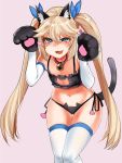  1girl :3 animal_ears bangs bell bell_collar black_bra black_panties blonde_hair blue_eyes bra cat_cutout cat_ear_panties cat_ears cat_lingerie cat_tail cleavage_cutout collar elbow_gloves eyebrows_visible_through_hair fake_animal_ears fang flat_chest frilled_bra frills gloves hair_between_eyes hair_flaps hat highres jingle_bell last_origin leaning_forward looking_at_viewer meme_attire mh-4_thetis navel open_mouth panties paw_gloves paw_pose paw_print paws pink_background pink_collar side-tie_panties simple_background solo tail thighhighs torpedo_(gad3757) twintails underwear underwear_only white_gloves white_legwear 