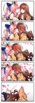  2girls @_@ absurdres animal_ear_fluff animal_ears blue_kimono blue_ribbon blush breasts brown_hair cleavage commentary_request eyebrows_visible_through_hair fate/extella fate/extra fate/extra_ccc fate/grand_order fate_(series) fox_ears fox_girl fox_tail french_kiss hair_ribbon heart highres japanese_clothes kimono kishinami_hakuno_(female) kiss large_breasts multiple_girls pink_hair ribbon saliva saliva_swap school_uniform speech_bubble surprised tail tamamo_(fate)_(all) tamamo_no_mae_(fate) trembling wisespeak yellow_eyes yuri 