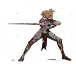  1girl alternate_costume armor blonde_hair blood blood_on_face bloody_weapon clarent fate/grand_order fate_(series) from_side green_eyes hair_ornament hair_scrunchie highres jason_kim latex mordred_(fate)_(all) ponytail red_scrunchie scrunchie solo weapon white_bag 