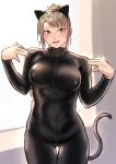  1girl animal_ears blush bodysuit cat_ears cat_tail eyebrows_visible_through_hair grey_eyes highres kilye_4421 latex_bodysuit looking_to_the_side multicolored_hair original skin_tight smile solo sweat tail two-tone_hair 
