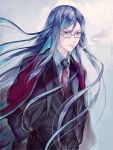  1boy black_clothes black_hair black_jacket black_pants black_shirt business_suit fate/grand_order fate_(series) formal glasses jacket long_hair long_sleeves looking_at_viewer lord_el-melloi_ii lord_el-melloi_ii_case_files male_focus necktie neckwear pants red_neckwear shirt simple_background solo suit tamaki_mitsune waver_velvet white_background 