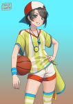  1girl artist_name basketball black_hair blue_eyes blush carlo_montie eyebrows_visible_through_hair grin hand_on_hip hololive looking_at_viewer multicolored multicolored_clothes multicolored_legwear oozora_subaru parted_lips short_hair shorts smile solo striped striped_legwear teeth thighhighs virtual_youtuber whistle whistle_around_neck 