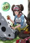  1girl aqua_eyes bag berry_(pokemon) black_legwear blush bottle breasts brown_hair closed_mouth collarbone double_bun eyebrows_visible_through_hair floating gen_3_pokemon gen_5_pokemon grass hand_on_another&#039;s_head hat highres kneeling lairon large_breasts legwear_under_shorts logo long_hair long_sleeves looking_at_another mei_(pokemon) multicolored multicolored_clothes noeru outdoors pantyhose pecha_berry poke_ball poke_ball_(basic) pokemon pokemon_(creature) pokemon_(game) pokemon_bw2 shorts smile solosis spray_bottle tepig tree visor visor_cap yellow_shorts 