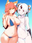  2girls abigail_williams_(fate/grand_order) abigail_williams_(swimsuit_foreigner)_(fate) absurdres animal_ear_fluff animal_ears bikini blue_bikini blush bow breasts clenched_teeth closed_mouth collarbone eyebrows_visible_through_hair fate/grand_order fate_(series) fox_ears fox_shadow_puppet grey_nipples hair_bow hand_up hekiga_(freelot) highres large_breasts long_hair looking_at_viewer multiple_girls navel nipples nude one_breast_out orange_bow pale_skin pink_hair red_eyes sharp_teeth small_breasts smile swimsuit tamamo_(fate)_(all) tamamo_no_mae_(swimsuit_lancer)_(fate) teeth white_hair yellow_eyes 