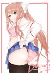  1girl ass blue_skirt bra breasts doki_doki_literature_club hand_on_hip image_sample looking_back monika_(doki_doki_literature_club) panties pink_bra pink_panties ponytail sideboob skirt skirt_lift solo striped striped_panties thick_thighs thighhighs thighs twitter_sample underwear yuxine 