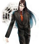  1boy black_clothes black_hair black_jacket black_pants black_shirt business_suit fate/grand_order fate_(series) formal glasses jacket kazuya_31 long_hair long_sleeves looking_to_the_side lord_el-melloi_ii lord_el-melloi_ii_case_files male_focus necktie neckwear pants red_neckwear shirt simple_background solo suit waver_velvet white_background 