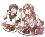  2girls black_eyes black_hair black_sailor_collar brown_hair can coca-cola commentary_request eating epaulettes food fork fubuki_(kantai_collection) green_eyes headgear helena_(kantai_collection) kantai_collection karasu_(naoshow357) long_hair long_sleeves low_ponytail meat military military_uniform multiple_girls ponytail remodel_(kantai_collection) sailor_collar school_uniform serafuku short_ponytail sidelocks simple_background soda_can steak table table_knife uniform upper_body white_background 