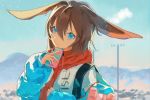  1girl amiya_(arknights) animal_ears arknights bangs blue_eyes brown_hair bunny_ears cellphone closed_mouth day frown hair_between_eyes holding holding_phone jacket lirseven long_sleeves looking_at_viewer phone red_scarf scarf sky solo upper_body winter_clothes 
