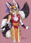  anthro cacomistle chester_ringtail_magreer clothed clothing dress fluffy fluffy_tail fur headgear headwear jewelry looking_at_viewer male mammal procyonid ringtail solo terrie_smith traditional_media_(artwork) 