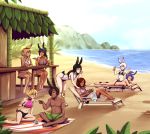  1boy 6+girls absurdres animal_ears ass barefoot beach bent_over bikini black_bikini black_hair blonde_hair blue_hair book breasts brit_(d-rex) brown_hair bunny_(d-rex) bunny_ears bunny_tail cleavage collarbone commentary d-rex dark_skin day green_eyes highres large_breasts long_hair lying medium_breasts multiple_girls navel ocean on_stomach open_mouth original outdoors palm_leaf palm_tree reading red_hair short_hair sitting small_breasts smile swimsuit swimwear tail tree white_hair 