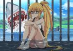  1girl absurdres bare_shoulders barefoot blonde_hair blue_eyes breasts cage collarbone commentary_request eyebrows_visible_through_hair fate/grand_order fate_(series) glasses hair_between_eyes highres jeanne_d&#039;arc_(fate)_(all) jeanne_d&#039;arc_(swimsuit_archer) kono_subarashii_sekai_ni_shukufuku_wo! large_breasts one-piece_swimsuit parody partially_submerged ponytail shark sideboob sitting sleeveless solo swimsuit water xiafuizui 