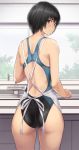  1girl amagami apron ass black_eyes black_hair black_swimsuit bob_cut commentary_request competition_swimsuit cowboy_shot faucet from_behind looking_at_viewer looking_back nanasaki_ai nozomi-y one-piece_swimsuit one_eye_closed short_hair solo swimsuit white_apron window 
