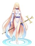  1girl bare_shoulders blonde_hair breasts closed_eyes covered_navel covered_nipples daiaru detached_sleeves full_body hair_between_eyes highres holding holding_staff impossible_clothes long_hair medium_breasts original pelvic_curtain solo staff standing very_long_hair white_background 