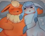  2020 ambiguous_gender anthro bed belly big_belly blue_body blue_eyes blush bodily_fluids duo eeveelution eyes_closed feral flareon furniture glaceon hi_res lying mixeeeel nintendo nude on_back open_mouth overweight overweight_ambiguous overweight_feral pillow pok&eacute;mon pok&eacute;mon_(species) red_body sweat video_games 