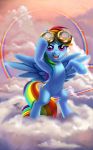  2012 blue_body blue_feathers blue_fur cloud cutie_mark detailed_background equid equine eyewear feathered_wings feathers female feral friendship_is_magic fur goggles hair hasbro hi_res ipan looking_at_viewer mammal multicolored_hair multicolored_tail my_little_pony open_mouth pegasus purple_eyes rainbow rainbow_dash_(mlp) rainbow_hair rainbow_tail semi-anthro solo wings 