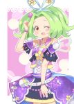  1girl :d ;d bare_shoulders border bow clenched_hand commentary cowboy_shot detached_sleeves dress dress_flower flower forehead fur_trim green_hair hair_bow hair_flower hair_intakes hair_ornament hairband idol kiratto_pri_chan looking_at_viewer multicolored multicolored_eyes one_eye_closed open_mouth pink_background pretty_(series) rabbily_(kiratto_pri_chan) red_eyes short_hair smile solo star-shaped_pupils star_(symbol) star_in_eye symbol-shaped_pupils symbol_in_eye toon_(noin) white_border wristband yellow_eyes 