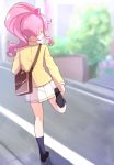  1girl absurdres adjusting_clothes adjusting_shoe bag blazer blurry blurry_background bush commentary_request day from_behind full_body high_ponytail highres jacket kiratto_pri_chan leg_up loafers long_hair momoyama_mirai outdoors pink_hair pleated_skirt pretty_(series) road school_bag school_briefcase school_uniform shoes shoulder_bag sidelocks skirt socks solo street toon_(noin) 