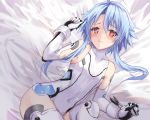  1girl ahoge aisu_(icicleshot) bare_shoulders bed blue_hair blush breasts elbow_gloves gloves leotard looking_at_viewer neptune_(series) pout power_symbol red_eyes short_hair_with_long_locks sidelocks small_breasts solo symbol-shaped_pupils white_heart 
