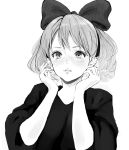  1girl blush bow greyscale hair_bow hairband hands_up inoitoh kiki lips looking_at_viewer majo_no_takkyuubin monochrome short_hair simple_background sketch smile solo upper_body white_background 