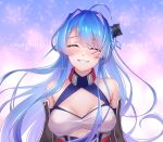  1girl ^_^ absurdres ahoge azur_lane bangs bare_shoulders blue_background blue_dress blue_hair blush breasts cleavage closed_eyes collarbone commentary_request dated detached_sleeves dress eyebrows_behind_hair gloves grin hair_between_eyes hair_intakes hair_ornament halterneck happy_birthday helena_(azur_lane) highres kurono_hyouka long_hair medium_breasts sidelocks sleeveless sleeveless_dress smile solo standing twitter_username upper_body very_long_hair 