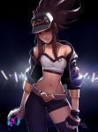  1girl akali asymmetrical_clothes belt brown_hair choker cropped_jacket earrings fingerless_gloves gloves hat idol jacket jewelry k/da_(league_of_legends) k/da_akali league_of_legends looking_at_viewer necklace open_clothes open_jacket ponytail single_pantsleg single_thighhigh solo spray_can thighhighs toned vashperado 