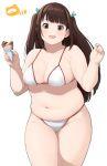  1girl :d accio belly bikini blush breasts brown_hair fat food hair_ribbon happy ice_cream ice_cream_cone large_breasts looking_at_viewer open_mouth original plump ribbon simple_background smile sweatdrop swimsuit tanuma_miyuki thick_thighs thighs twintails w_arms waffle_cone white_background white_bikini 