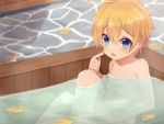  1boy bath bathing blonde_hair blush choujin_koukousei-tachi_wa_isekai_demo_yoyuu_de_ikinuku_you_desu! highres leaf looking_at_viewer meranoreuka_(naokentak) nipples nude prince_akatsuki solo water 