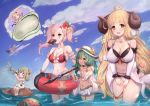  4girls :d ahoge amira_(shingeki_no_bahamut) anila_(granblue_fantasy) arm_cuffs bangs bare_shoulders barefoot bikini bikini_shorts bikini_skirt blonde_hair blue_sky blunt_bangs blush blush_stickers breasts cleavage cloud collarbone commentary cowboy_shot dark_skin day draph eyebrows_visible_through_hair flower flugelhorn food food_in_mouth fruit granblue_fantasy green_eyes green_hair grey_shorts groin hair_between_eyes hair_flower hair_ornament hair_over_one_eye hair_ribbon hairclip hands_on_own_thighs harvin hat holding holding_innertube holding_spear holding_weapon horns innertube instrument jacket jitome kolulu_(granblue_fantasy) large_breasts layered_bikini leaning_forward long_hair looking_at_another looking_at_viewer looking_to_the_side medium_hair midriff mimlememel multiple_girls music navel notice_lines ocean off-shoulder_jacket open_mouth outdoors pink_hair playing_instrument pointy_ears polearm ponytail purple_eyes red_bikini ribbon ribbon-trimmed_bikini sheep_horns short_eyebrows short_shorts shorts sidelocks sitting skirt sky smile sparkle spear standing swimsuit thick_eyebrows thigh_strap thought_bubble tortoise turtle twintails uneg upper_teeth very_long_hair wading watermelon weapon wet white_bikini white_jacket white_skirt wings wrist_cuffs wrist_wrap x_hair_ornament yellow_eyes 