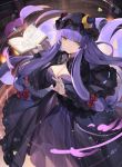  blue_bow blue_ribbon book bow breasts cleavage crescent crescent_hair_ornament dress frilled_dress frilled_sleeves frills hair_bow hair_ornament hat hat_ribbon highres hikikomori large_breasts long_hair looking_at_viewer mob_cap pajamas patchouli_knowledge purple_hair red_bow red_ribbon ribbon rin_falcon striped striped_dress touhou very_long_hair witch yellow_eyes 