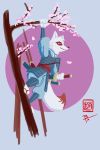  2019 anthro armor asian_clothing canid canine cherry_blossom chinese_text clothing dipstick_tail east_asian_clothing facial_markings female footwear fox frown hanging_from_branch head_markings japanese_clothing katana mammal markings melee_weapon multicolored_tail plant samurai sandals solo sword text thelivingtrashcan tree warrior weapon 