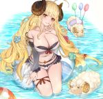  1girl absurdres ahoge anila_(granblue_fantasy) ass_visible_through_thighs ball balloon bangs bare_shoulders beachball bikini blonde_hair blunt_bangs blush breasts cleavage closed_mouth collarbone detached_sleeves draph flower granblue_fantasy hair_flower hair_ornament hair_ribbon highres horns innertube large_breasts lips long_hair looking_at_viewer navel open_mouth ribbon ribbon-trimmed_bikini ribbon-trimmed_sleeves ribbon_trim sheep sheep_horns sherryqq short_eyebrows skindentation smile solo strap_slip swimsuit thick_eyebrows thigh_gap very_long_hair water wet yellow_eyes yellow_nails 