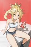  1girl bandeau bangs belt black_footwear blue_shorts blush boots braid breasts can collarbone denim denim_shorts fate/apocrypha fate_(series) french_braid green_eyes grin highres kiritzuguart long_hair looking_at_viewer mordred_(fate) mordred_(fate)_(all) navel parted_bangs pinky_out ponytail red_background scrunchie short_shorts shorts sidelocks sitting small_breasts smile soda_can thighs 