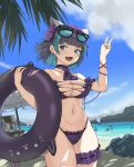  1girl :3 :d absurdres animal_ears aqua_eyes arm_strap arm_up azur_lane bangs bare_shoulders beach beach_chair beach_umbrella bikini black_hair blue_sky blunt_bangs blush breasts cat_ears cheshire_(azur_lane) cheshire_(summery_date!)_(azur_lane) cleavage cloud collarbone commentary cowboy_shot cup day drinking_glass eyebrows_visible_through_hair eyewear_on_head fake_animal_ears fang fluf.p frilled_headband groin hairband highres holding holding_innertube horizon huge_filesize innertube large_breasts long_ribbon looking_at_viewer maid_headdress midriff multicolored_hair navel ocean open_mouth outdoors palm_leaf purple_bikini purple_ribbon ribbon rock sand shadow short_hair sidelocks sky smile solo standing strapless strapless_bikini streaked_hair sunglasses swimsuit thigh_strap tinted_eyewear umbrella v wrist_ribbon 