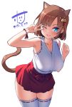  1girl ;d animal_ears arm_up armpits backlighting bare_arms bare_shoulders blue_eyes breasts brown_hair cat_ears cat_girl cat_tail check_copyright cleavage collarbone commentary copyright_request cowboy_shot dated fang hand_up hori_(hori_no_su) japanese_clothes large_breasts leaning_forward looking_at_viewer miko miniskirt one_eye_closed open_mouth original pleated_skirt red_skirt shirt short_hair signature simple_background skirt sleeveless sleeveless_shirt smile solo tail thighhighs thighs v v_over_eye white_background white_legwear white_shirt wristband zettai_ryouiki 