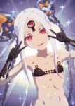  1girl abigail_williams_(fate/grand_order) abigail_williams_(swimsuit_foreigner)_(fate) bangs bare_shoulders bikini black_bikini black_bow bow breasts collarbone double_v fate/grand_order fate_(series) forehead hair_bow keyhole long_hair looking_at_viewer multiple_bows navel open_mouth orange_bow parted_bangs polka_dot polka_dot_bow red_eyes sharp_teeth sidelocks small_breasts smile swimsuit teeth third_eye tokoyon v very_long_hair white_hair white_skin 