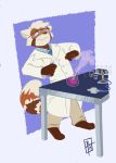  2019 ailurid anthro bunsen_burner clothed clothing coat eyewear fully_clothed furniture goggles hi_res jakemi lab_coat laboratory laboratory_equipment male mammal red_panda scared scientific_instrument simple_background solo table thelivingtrashcan topwear 