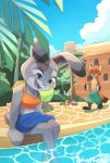  2020 anthro barefoot blush buckteeth canid canine clothed clothing cloud cricetid detailed_background disney duo_focus evergreen_tree female fox fur grey_body grey_fur group hamster hi_res holding_cup holding_object inner_tube judy_hopps lagomorph leporid male mammal midriff nick_wilde open_mouth open_smile orange_body orange_fur palm_tree rabbit red_fox rodent sitting sky smile swimming_pool swimming_trunks swimwear takatmadisney teeth topless tree walking water zootopia 