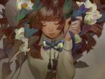  1girl arm_up beads blue_bow blue_neckwear bow bowtie brown_hair collared_shirt embroidery english_commentary eyelashes facing_viewer floating_hair flower highlights holding kidchan long_hair long_sleeves multicolored_hair original parted_lips shirt sidelocks solo tassel white_flower white_shirt 