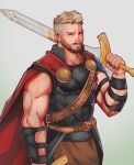  1boy absurdres alex_(cerealex) armor avengers bara bare_shoulders beard blonde_hair blue_eyes bulge cape chest facial_hair facial_mark green_eyes highres male_focus manly marvel muscle over_shoulder pants pectorals sleeveless smile solo sword sword_over_shoulder thor_(marvel) weapon weapon_over_shoulder 